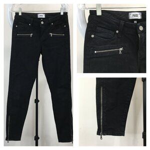 PAIGE Logo Hardware Black Overdye Wash JANE Zip Ankle & Pockets Ankle Jeans